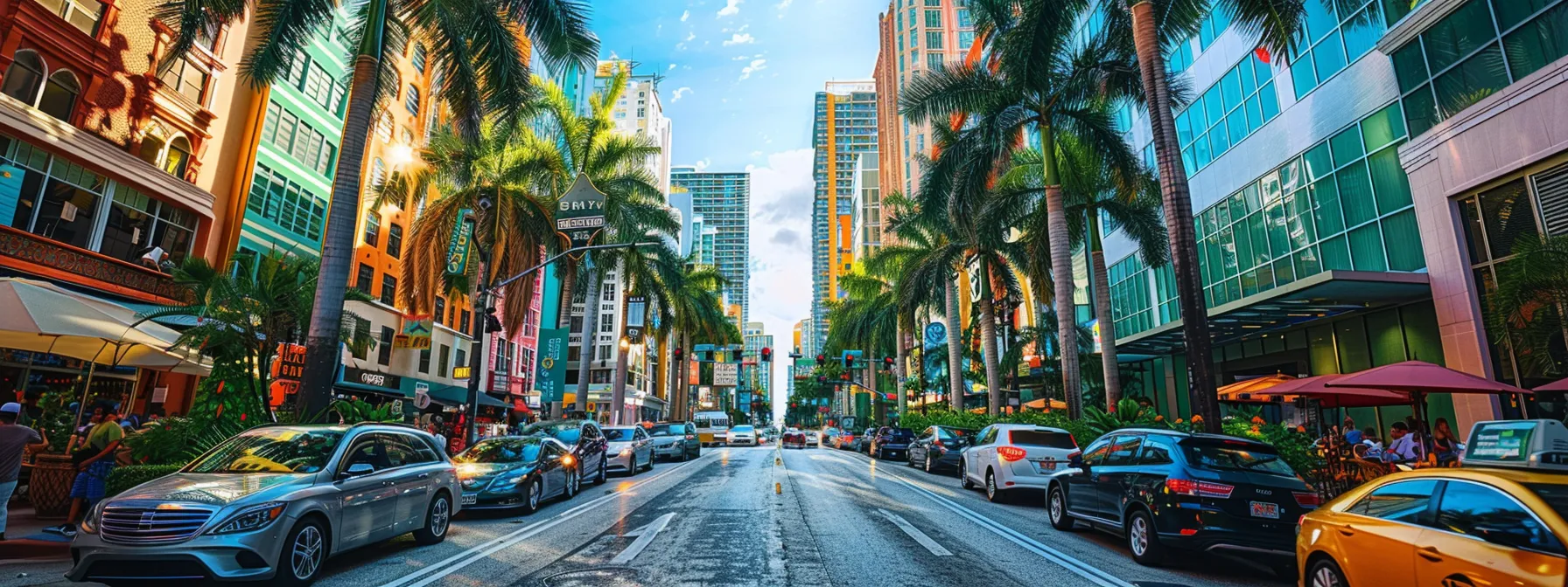 a vibrant, bustling city street lined with palm trees and colorful buildings, showcasing the integration of traffic insights into a business strategy.