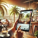 Palm Bay coffee shop owner checking Instagram page as customers enjoy coffee, showcasing social media marketing success