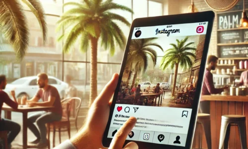 Palm Bay coffee shop owner checking Instagram page as customers enjoy coffee, showcasing social media marketing success