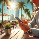 Palm Bay business owner reviewing their mobile-friendly website on a smartphone in a sunny outdoor café.