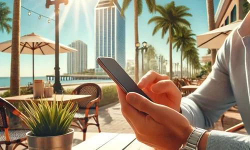Palm Bay business owner reviewing their mobile-friendly website on a smartphone in a sunny outdoor café.