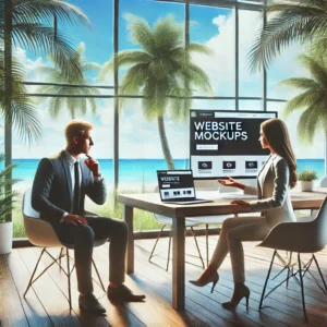 Palm Bay business owner collaborating with a web designer on creating a professional, mobile-friendly website in a modern office.