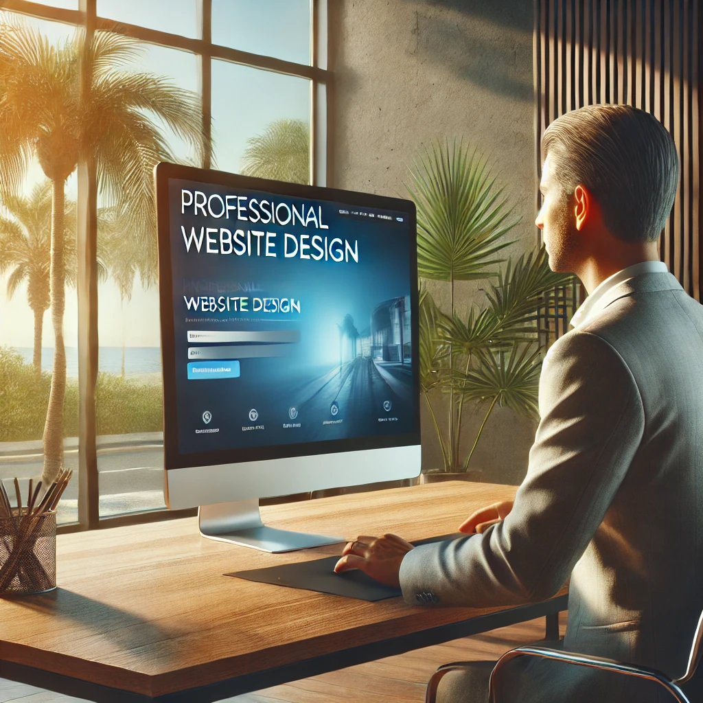 Palm Bay business owner reviewing a professionally designed website on a desktop in a modern office setting with palm trees in the background.