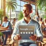 Palm Bay business owner reading positive Google reviews on a tablet, surrounded by happy customers in a sunny, tropical setting.