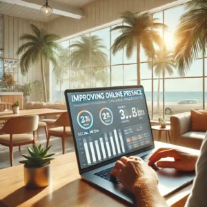 Palm Bay business owner improving their online presence on a laptop in a sunny café with palm trees in the background.