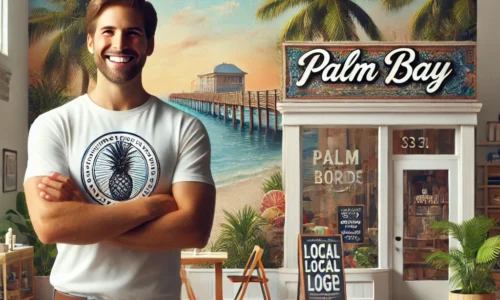 Palm Bay business owner standing proudly in front of their shop with a tropical Florida background, showcasing local branding and community pride.
