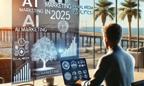 Palm Bay business owner exploring digital marketing tools in 2025 with palm trees in the background.