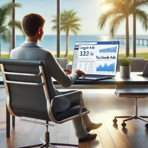 Palm Bay business owner analyzing online advertising performance on a laptop.