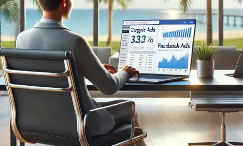 Palm Bay business owner analyzing online advertising performance on a laptop.
