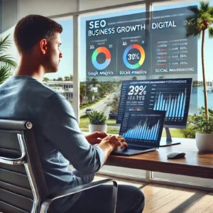 Palm Bay business owner analyzing digital marketing success with SEO and paid ads.