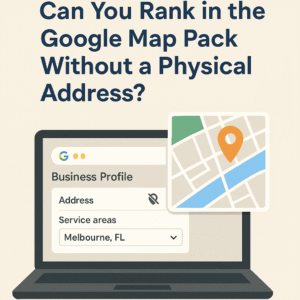 Google Business Profile setup screen with address hidden and service area map displayed